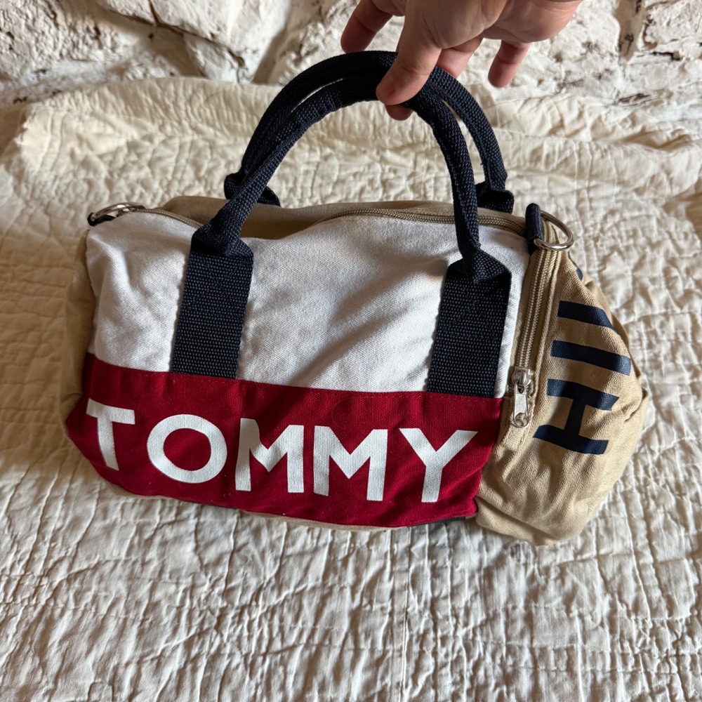 Tommy Hilfiger Mini Duffel Bag Canvas Colorblock Tan Red White Barrel Gym Travel